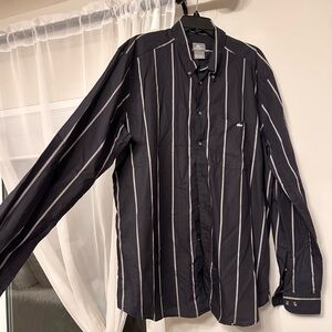 Lacoste Men's Black Button-Down Shirt with White Pinstripes